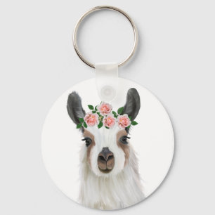 Cute Fluffy Llama With Rose Flower Crown White Keychain