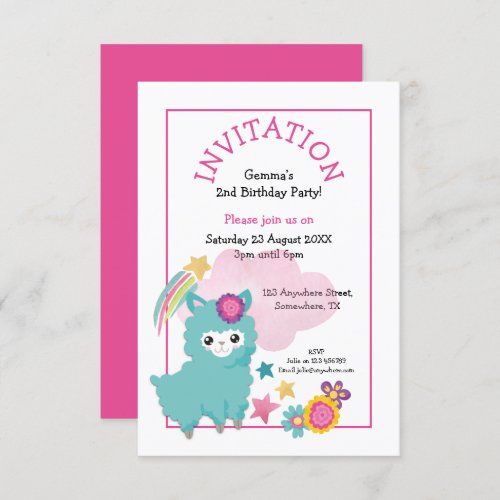 Cute Fluffy Llama Young Child Birthday Party Pink Invitation