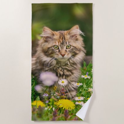 Cute Fluffy Maine Coon Kitten Cat in Flowers Photo Beach Towel