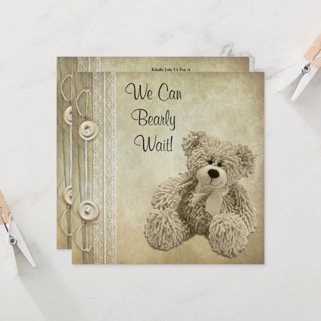 Cute Fluffy Neutral Teddy Baby Shower Invitation (Front/Back In Situ)