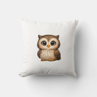 Cute Fluffy Owl Big Eyes Cartoon Digital Art Brown Throw Pillow