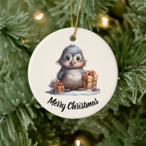 Cute Fluffy Owl_like Penguin Christmas  Ceramic Ornament