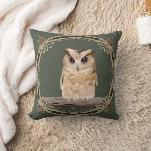 Cute Fluffy Owl With Floral Frame Throw Pillow