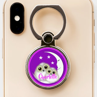 Cute Fluffy Owls Crescent Moon Personalized Phone Ring Stand