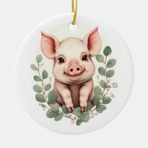 Cute Fluffy Peach Baby Piglet & Eucalyptus Ceramic Ornament