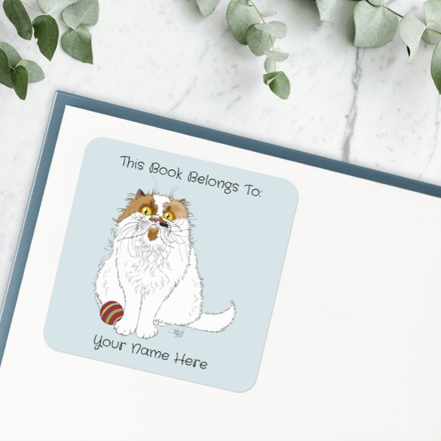 Cute Fluffy Persian Cat Funny Meow Blue Bookplate (Creator Uploaded)
