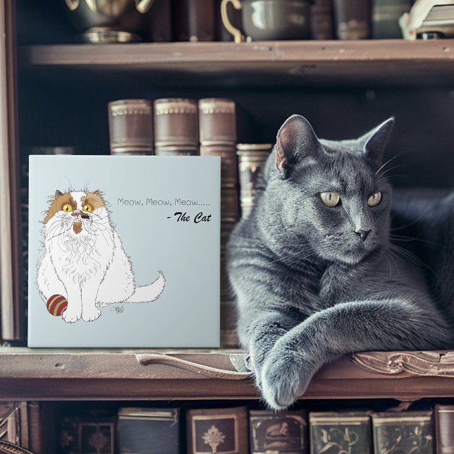 Cute Fluffy Persian Cat Funny Meow Blue Ceramic Tile (Creator Uploaded)