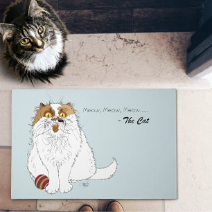 Cute Fluffy Persian Cat Funny Meow Blue Doormat