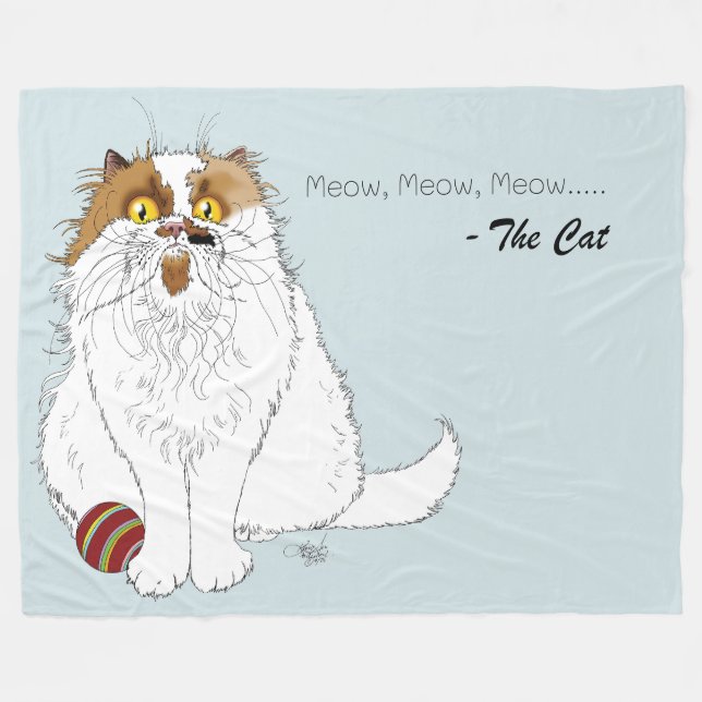 Cute Fluffy Persian Cat Funny Meow Blue Fleece Blanket (Front (Horizontal))