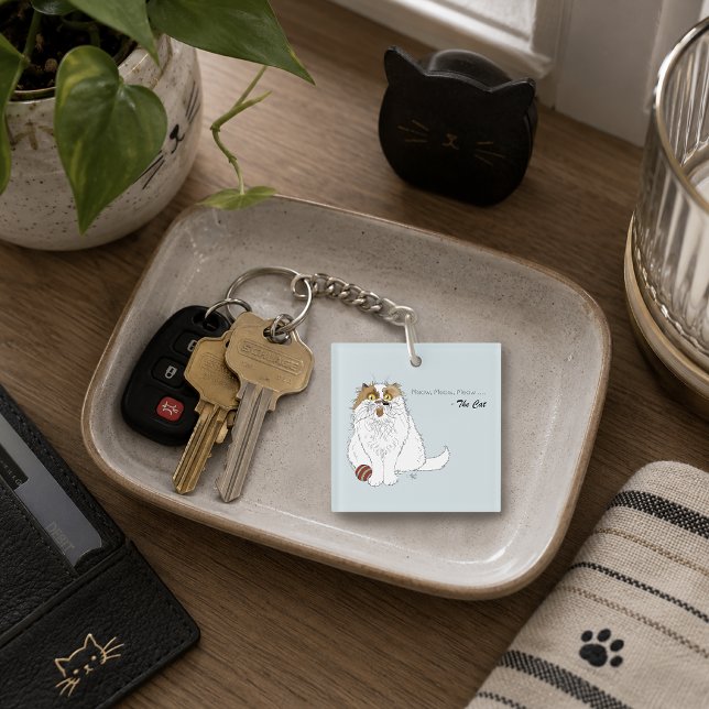 Cute Fluffy Persian Cat Funny Meow Blue Keychain (Creator Uploaded)