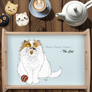Cute Fluffy Persian Cat Funny Meow Blue Serving Tray