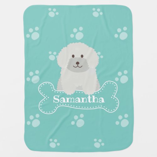 Cute Fluffy Poodle Puppy Dog Unisex Aqua Monogram Baby Blanket