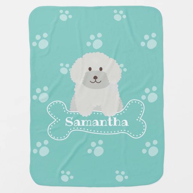 Cute Fluffy Poodle Puppy Dog Unisex Aqua Monogram Baby Blanket (Front)