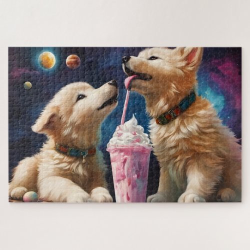 Cute Fluffy Puppies howl moon milkshakes planets Jigsaw Puzzle
