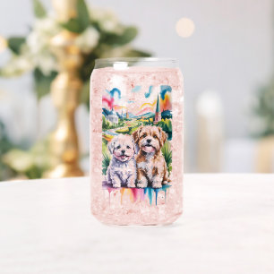 Cute Fluffy Puppies in Watercolor City Park Can Glass