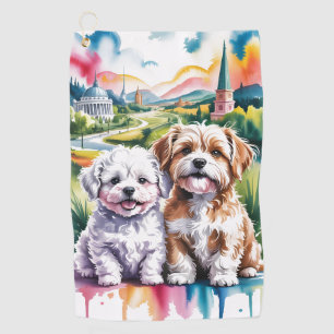 Cute Fluffy Puppies in Watercolor City Park Golf Towel