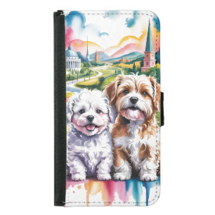 Cute Fluffy Puppies in Watercolor City Park Samsung Galaxy S5 Wallet Case