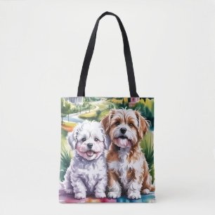 Cute Fluffy Puppies in Watercolor City Park Tote Bag