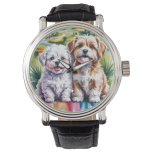 Cute Fluffy Puppies in Watercolor City Park Watch
