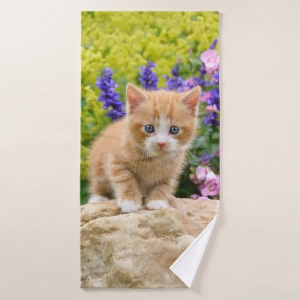 Cute Fluffy Red Tabby Baby Cat Kitten in Flowers / Bath Towel Set