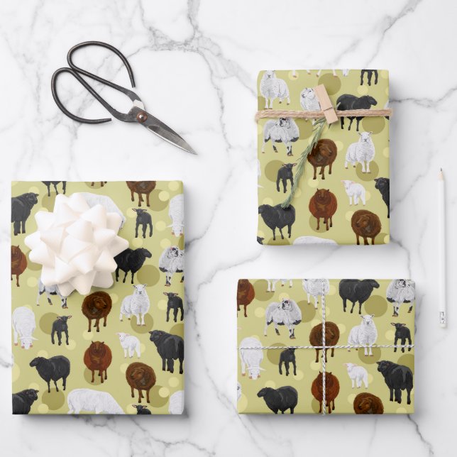 Cute Fluffy Sheep Lambs Pattern Farmer Wrapping Paper Sheets (Front)