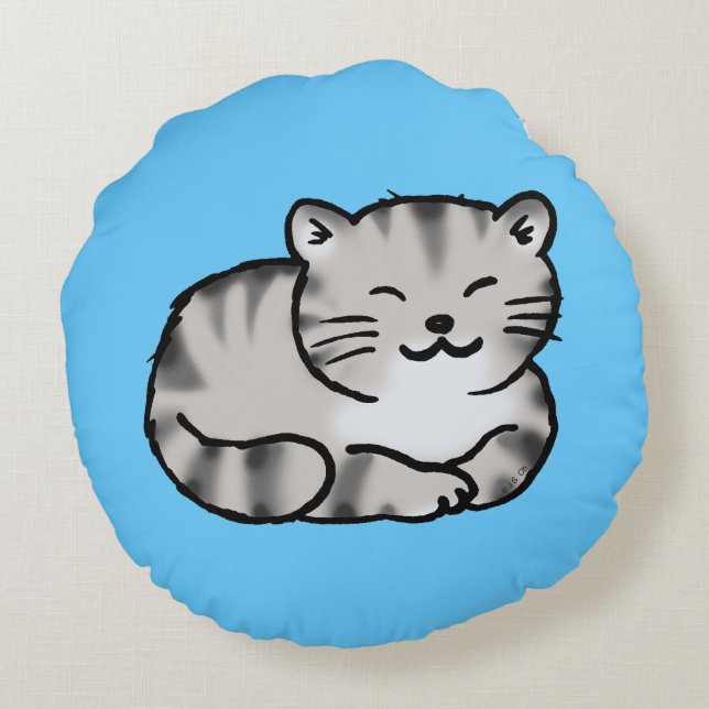 cute fluffy tabby gray tiger cat round pillow (Back)