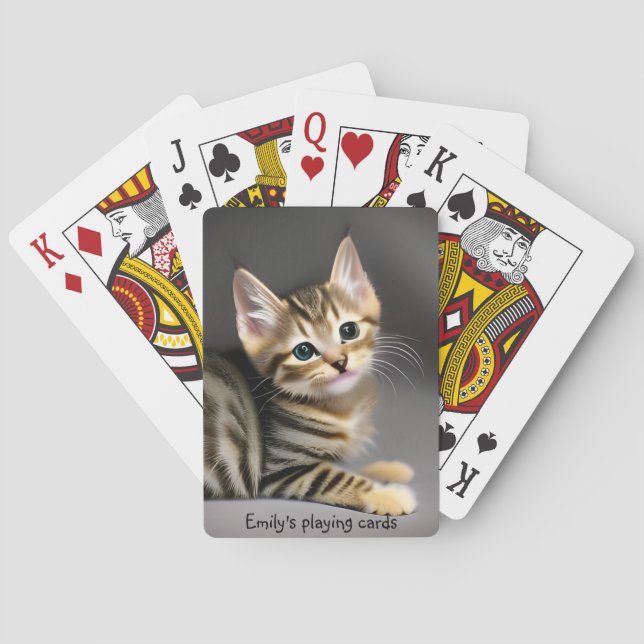 Cute fluffy tabby kitten - personalizable  poker cards (Back)