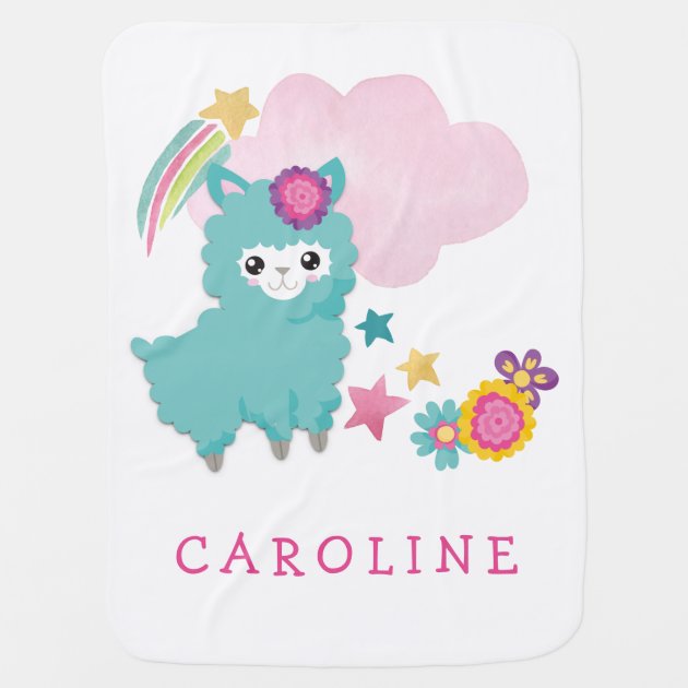 Cute Fluffy Teal Llama Name Baby Girl White Baby Blanket Zazzle