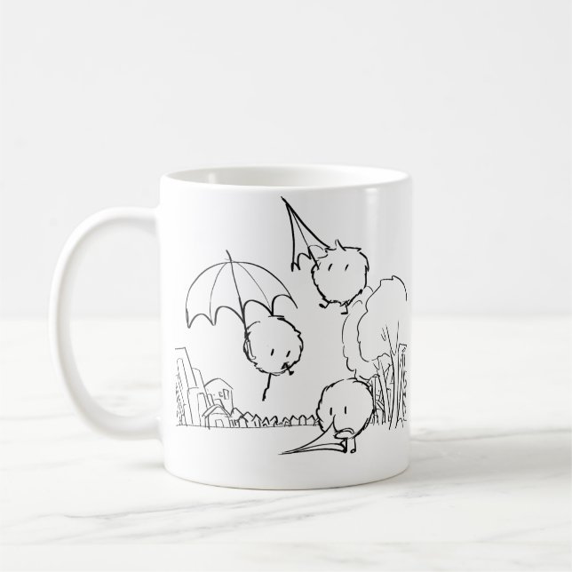 Cute fluffy umbrella creatures coffee mug (Left)