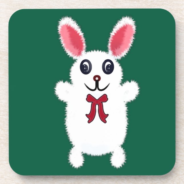 Cute Fluffy White Bunny Rabbit with Red Bow - Chri Beverage Coaster (Front)