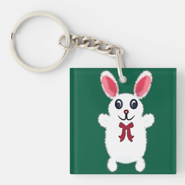 Cute Fluffy White Bunny Rabbit with Red Bow - Chri Keychain (Front)