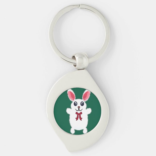 Cute Fluffy White Bunny Rabbit with Red Bow - Chri Keychain (Front)