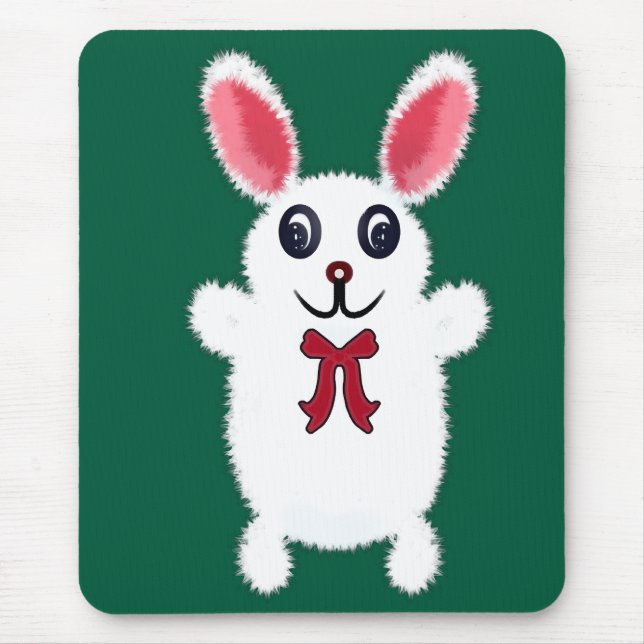 Cute Fluffy White Bunny Rabbit with Red Bow - Chri Mouse Pad (Front)