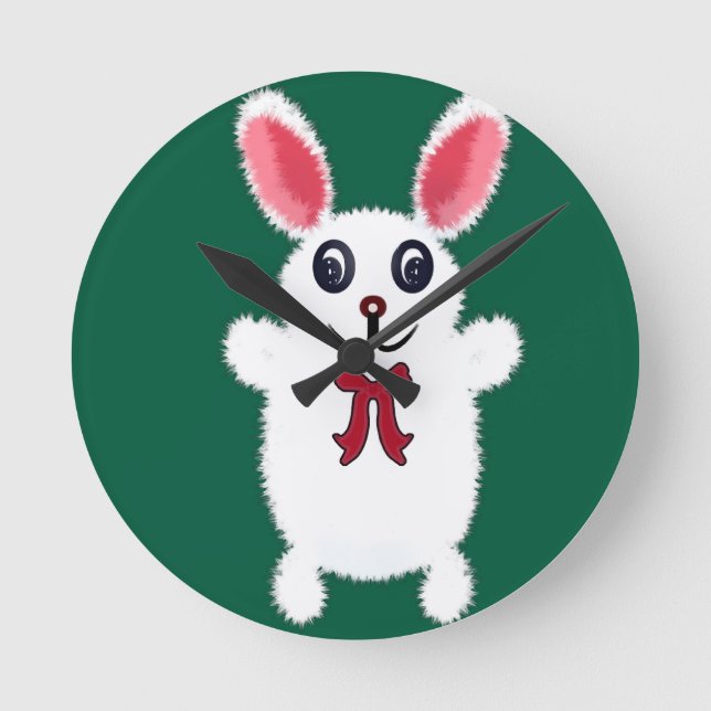 Cute Fluffy White Bunny Rabbit with Red Bow - Chri Round Clock (Front)