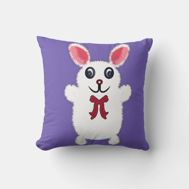 Cute Fluffy White Bunny Rabbit with Red Bow - Chri Throw Pillow (Front)