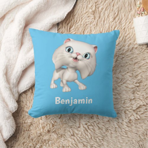 Cute Fluffy White Cartoon Kitten Blue Throw Pillow