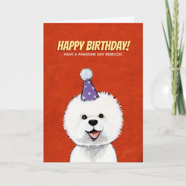 Cute Fluffy White Dog Personalized Birthday Card (Front)