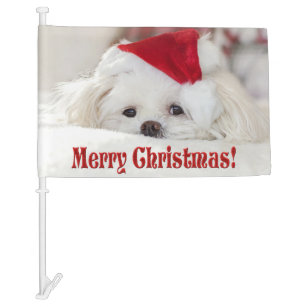 Cute Fluffy White Maltese Puppy Dog in a Santa Hat Car Flag