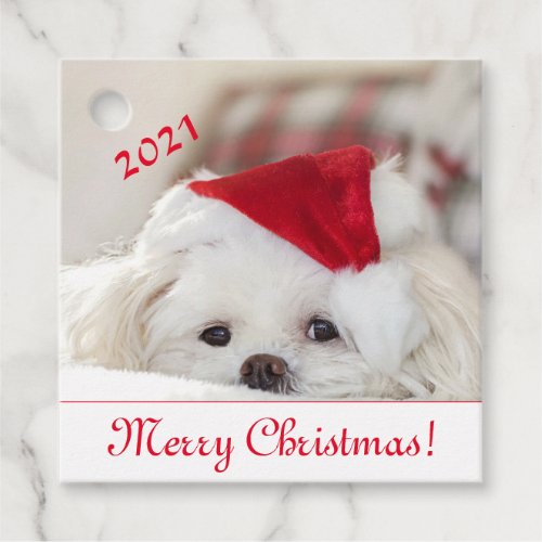 Cute Fluffy White Maltese Puppy Dog in a Santa Hat Favor Tags
