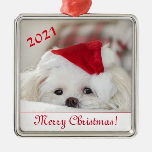 Cute Fluffy White Maltese Puppy Dog in a Santa Hat Metal Ornament