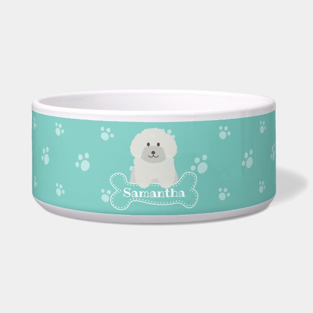 Cute Fluffy White Poodle Puppy Dog Aqua Monogram Bowl (Front)
