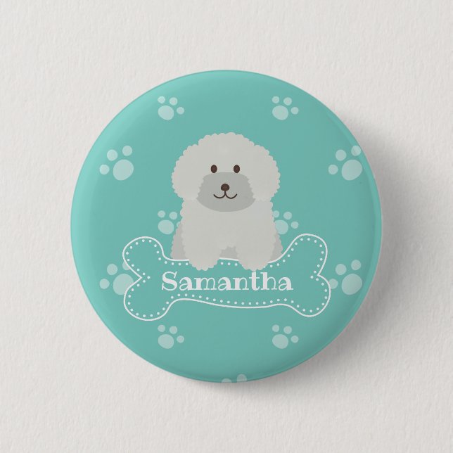 Cute Fluffy White Poodle Puppy Dog Lover Monogram Button (Front)