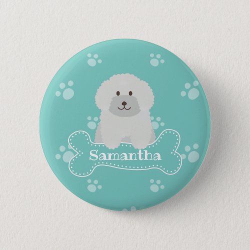 Cute Fluffy White Poodle Puppy Dog Lover Monogram Button