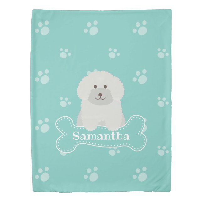 Cute Fluffy White Poodle Puppy Dog Lover Monogram Duvet Cover (Front)