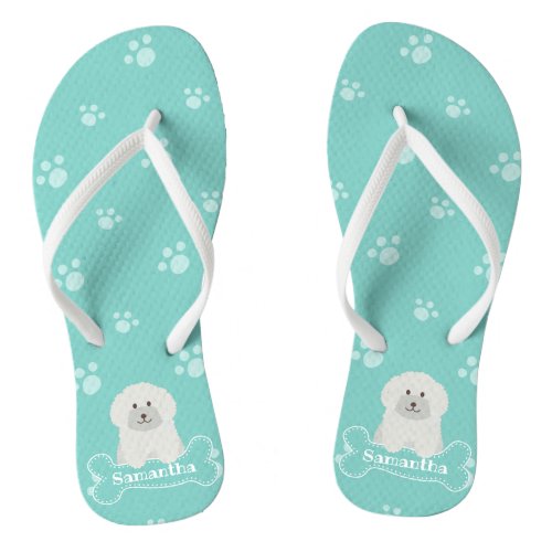 Cute Fluffy White Poodle Puppy Dog Lover Monogram Flip Flops