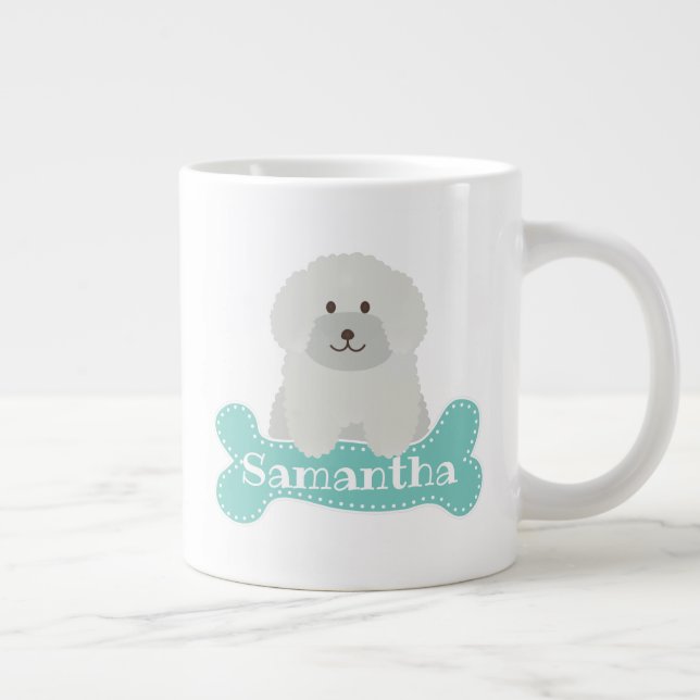 Cute Fluffy White Poodle Puppy Dog Lover Monogram Giant Coffee Mug (Right)