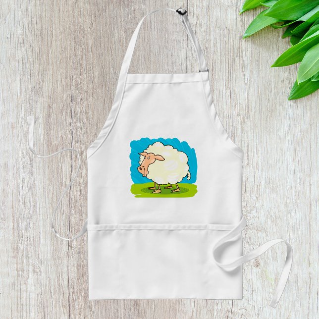Cute Fluffy White Sheep on Grass Adult Apron (Creator Uploaded)