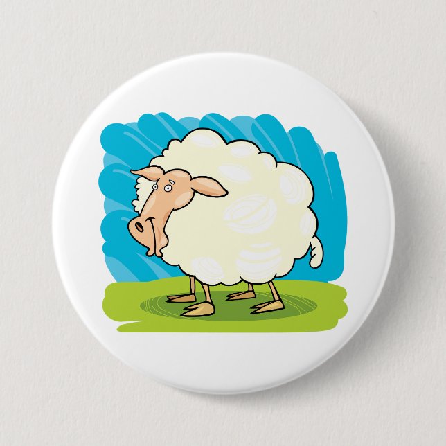 Cute Fluffy White Sheep on Grass Button (Front)