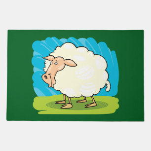 Cute Fluffy White Sheep on Grass Doormat