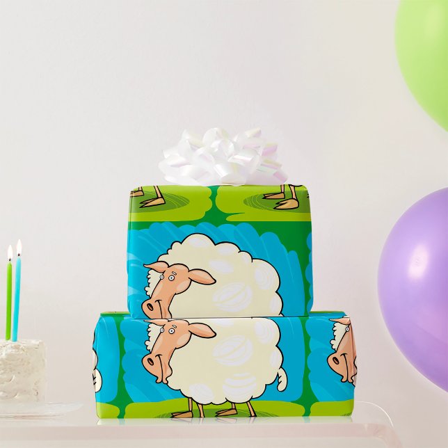 Cute Fluffy White Sheep on Grass Wrapping Paper (Creator Uploaded)